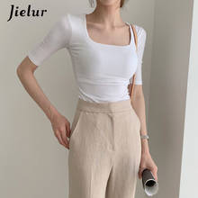 Jielur-Camiseta de manga corta con cuello cuadrado para mujer, blusa básica de Color puro para mujer, blusa blanca y negra de algodón, camisetas elegantes 2024 - compra barato