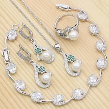 Silver 925 Bridal Jewelry Sets For Women White Pearl Green Cubic Zirconia Necklace/Earrings/Bracelet/Pendant/Ring 2024 - buy cheap