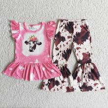 New Floral Cow Print Flutter Sleeve Shirt Bells Pants Kids Fall Heifer Outfit Baby Girls Boutique Clothes Wholesale 2024 - buy cheap