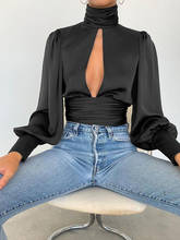 2021 New Spring Trendy High Neck Backless Blouse Women Clothing Solid Sexy Keyhole Backless Long Flare Sleeve Top Shirts 2024 - buy cheap