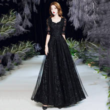 Square Collar Sequins Embroidery Floor-Length Evening Dress Black A-Line Elegant New Half Sleeves Woman Formal Party Gown A666 2024 - buy cheap