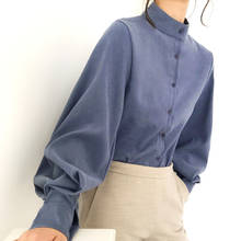 Blusas femininas grossas com manga vintage, camisa de outono e inverno com botões 2024 - compre barato