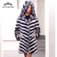 YZ Future Classic Real Rex Rabbit Fur Coat Hooded Chinchilla Rabbit Fur Jacket with Long Sleeves Female Ladies Overcoat Outwear 2024 - buy cheap