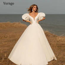 Verngo 2021 Korea A Line Satin Wedding Dress With Short Puff Sleeves V Neck Bride Gowns Simple Modern Bridal Dresses Custom Made 2024 - buy cheap