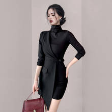 2021 Spring Autumn New Elegant Ladies Irregular High Collar Fashion OL Style Dress Long Sleeve Fake Two Piece Tight Dress Y875 2024 - buy cheap