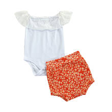 3Pcs Baby Summer Outfits, Solid Color Off-Shoulder Romper + Daisy Print Shorts + Headband for Toddler Girls, 0-24 Months 2024 - buy cheap