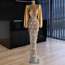 Champagne Flowers Evening Dresses 2021 Newest Long Sleeves Evening Gowns For Women Robes Dubai Crystals Prom Dresses Kaftans 2024 - buy cheap