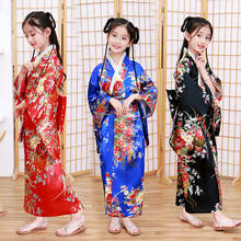 NEW 12Colors Traditional Japanese Kimono For Girls Kids Long Style Floral Print Bowknot Yukuta Satin Asian Dress Performance 2024 - buy cheap
