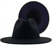 New Outer Black Inner Navy Wool Felt Jazz Fedora Hats with Belt Buckle Men Women Wide Brim Two Tone Panama Trilby Cap 56-58CM 2024 - buy cheap