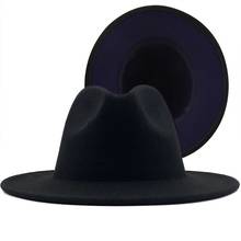 Sombrero Fedora de Jazz para hombre y mujer, gorro de fieltro de lana azul marino con hebilla de cinturón, ala ancha, dos tonos, 56-58CM 2024 - compra barato