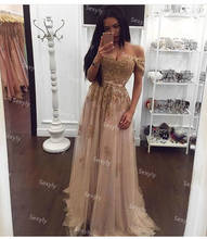 Elegant Beaded Gold Evening Dresses Off The Shoulder A Line Full Length Tulle Prom Dress 2021 Long Formal Graduation Gowns Robes 2024 - buy cheap