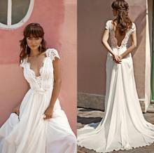 Chiffon Beach Wedding Dresses Cap Sleeve Deep V Neck Lace Appliqued A Line Bohemian Wedding Dress Custom Made Robe De Mariée 2024 - buy cheap