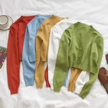 Suéter cardigã feminino casual de malha, cardigã com gola em v e manga comprida 2024 - compre barato