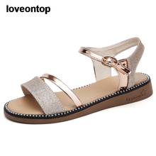 Loveontop женские сандалии 2020 новые летние сандалии для женщин обувь на плоской подошве яркие блестящие женские плоские сандалии блестящие серебряные модные 2024 - купить недорого