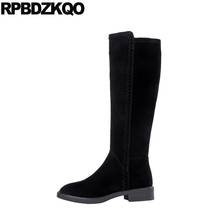 Genuine Leather Handmade Women Suede Knee High Tall Side Zip Boots Big Brand Winter Black Shoes Chunky Wide Calf Long Round Toe 2024 - buy cheap