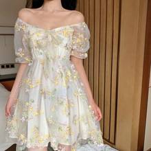 French Floral Dress Women Sexy  Puff Sleeve Lace Chiffon Print Mini Dress Women Summer Korean Style Puff Square Neck Dress 2024 - buy cheap