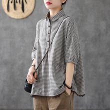 New Arrival 2020 Summer Arts Style Women Short Sleeve Loose Shirts Plus Size Cotton Linen Plaid Casual Blouses Femme Blusas S702 2024 - buy cheap