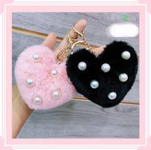 Cute Fluffy Heart Fur Ball Pearl Keychain For Women Faux Rabbit Pompom Car Pendant Keyring Holder Charm Bag Girl Party Gift 2024 - buy cheap