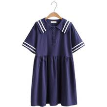 Vestido de verão feminino, mini vestido de algodão com gola sailor, manga curta, plissado, 2020 2024 - compre barato