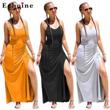 Women's Sexy Plain Slit Pleated Dress Spaghetti Straps Loose Elastic Long Solid Color Casual Lounge Wear Vestidos Female Clothes 2024 - buy cheap