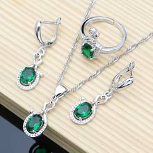 Conjuntos de joyas de plata 925 para mujer, aretes largos bohemios de Esmeralda verde, collar, anillo abierto, regalo de moda, joyería, envío directo 2024 - compra barato