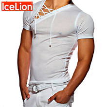 Camiseta masculina de cordão moderna, camisa fitness para homens, de manga curta, sólida e slim, novo, 2021 2024 - compre barato
