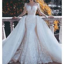 Gorgeous White Lace Wedding Dress with Detachable Train Illusion Long Sleeve Mermaid Wedding Gowns robe de mariee 2024 - buy cheap