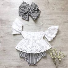 New 3pcs Toddler Baby Girl Clothes Set Lace Hollow Out Short Sleeve Top +Stripe Shorts +headband Outfits Set Clothes 2024 - buy cheap