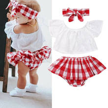 Conjunto de roupas 3 pçs bebê menina ombro de fora top + calças xadrez roupas casuais para meninas recém-nascidas roupas infantis 2024 - compre barato