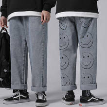 Calça jeans masculina, estilo hip hop, lavada, sorriso, estampa facial, solta, estilo urbano, harajuku, jeans 2024 - compre barato