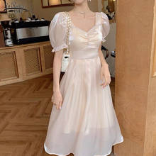 2021 French Summer Chiffon Dress Women Sweet Puff Sleeve O Neck Party Dress A Line Solid Princess Long Dress Vestidos 14186 2024 - buy cheap