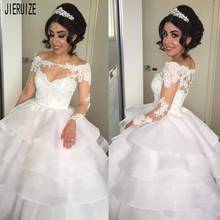 JIERUIZE-vestidos de novia con cuello de murciélago, manga larga, Apliques de encaje, Organza escalonada, botones en la espalda 2024 - compra barato