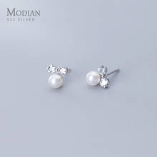 MODIAN Classic Elegant Pearl Dangle Earring for Women 925 Sterling Silver Dazzling Clear CZ Lovely Bownot Fine Jewelry Girl Gift 2024 - buy cheap