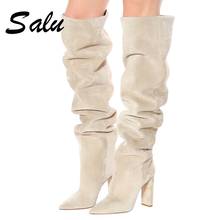 2020 Women Faux Suede Over The Knee High Slouchy Boots Pointy Toe Chunky Heel Slouch Long Boots Ladies Winter Heeled Shoes 2024 - buy cheap