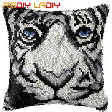Latch Hook Cushion White Tiger Pillow Case Pre-Printed Color Canvas Acrylic Yarn Latched Hook Pillow Crochet Cushion Cover Kits 2024 - buy cheap