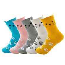 5 Pairs Womens Cartoon Meow Cat Cotton Crew Socks 3D Ears Paw Print Hosiery Gift  NEW 2024 - buy cheap