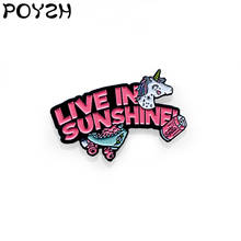 Live in the sunny broche de esmalte cavalo roller skates latas rosa broche de lapela animais fofos bolsa de roupas broches 2024 - compre barato