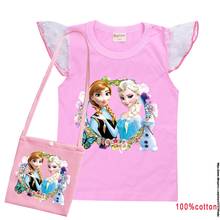 Colete de algodão com estampa de elsa frozen, camiseta e bolsa de verão para crianças com tecido de gaze branca da disney, camisetas casuais 2024 - compre barato