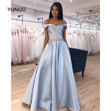 YUNUO Beading Robe De Soiree Silver Satin Formal Evening Dresses 2021 Off Shoulder Prom Party Gown Long выпускные платья 2024 - buy cheap