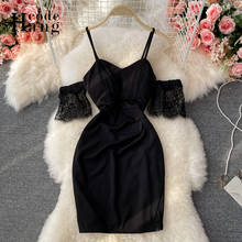 HangCode-Vestido corto de encaje con hombros descubiertos para mujer, vestido Sexy de manga corta en blanco y negro con tirantes finos, vestido de fiesta 2021 2024 - compra barato