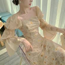 Vintage Female Square Collar Lace Patchwork Dress Women Fall French Print Floral Midi Dress Casual Hepburn Ladies Boho Vestidos 2024 - buy cheap