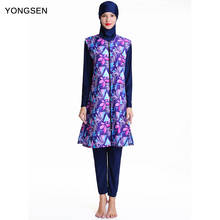Yongsen capa completa traje de banho moda maiô alta qualidade oriente médio islâmico muçulmano manga longa impressão burkinis hijab 2024 - compre barato
