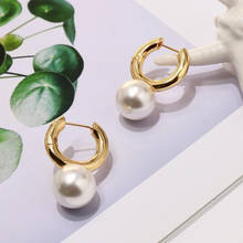 SRCOI Gold Color Big  Imitation Pearls Circle Hoop Earrings Minimalist Round Huggie Earrings Bijoux For Women Wedding Brides New 2024 - buy cheap