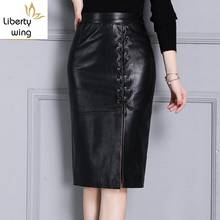 2020 Autumn Lace Up Front Knee Length Designer Black Sexy Slit Wrap High Waist Real Leather Skirt for Women 2024 - buy cheap