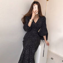 Puff Three Sleeve Vintage A-line Dress Women Dots Print Elastic Waist Female Dress Spring Vestidos femme V-neck Long dress 508E 2024 - buy cheap