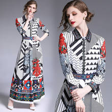 2020 Summer Women Designer Striped Print Runway Vintage Maxi Dress Plus Size Long Sleeve High Quality Office Elegant Robe Femme 2024 - buy cheap