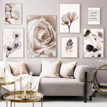 Картина на холсте с розовыми розами, перьями, одуванчиками, булыжниками, постеры и принты в скандинавском стиле, настенные картины для декора гостиной 2024 - купить недорого