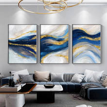 Pintura en lienzo de océano abstracto, póster e impresión de estilo de lujo, imagen de pared contemporáneo, decoración del hogar, azul y dorado 2024 - compra barato