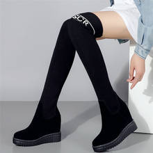 Fashion Sneakers Women Genuine Leather Wedges High Heel Over The Knee High Boots Female Knitting Stockings Platform Pumps Shoes 2024 - buy cheap