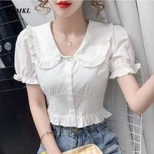 New Fashion Summer Sexy Crop Tops Women 2022 Korean Casual Short White Pink Button Up Shirts Vintage Short Sleeve Purple Blouse 2024 - buy cheap